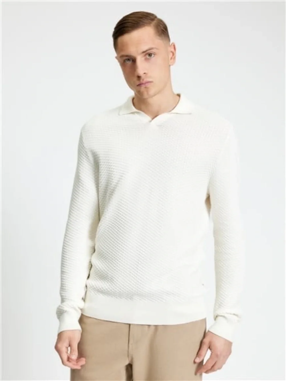 Ben Sherman Relaxed Fit Long Sleeve Textured Open Neck Knitted Polo in Ivory